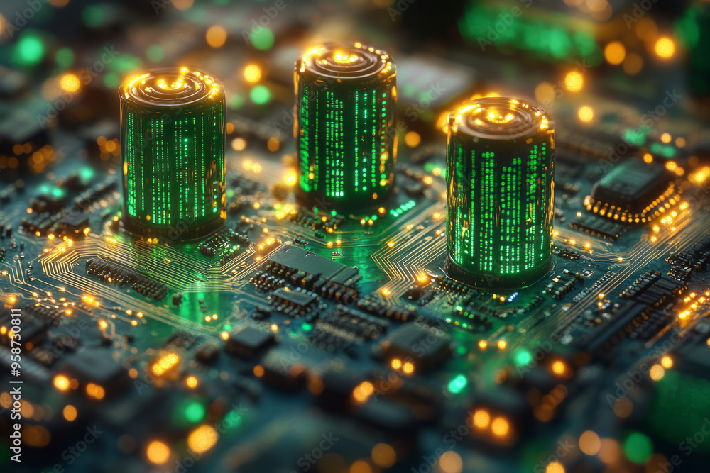 Poster a digital terrain of a circuit board with glowing tower-like nodes in green and blue, connected by t