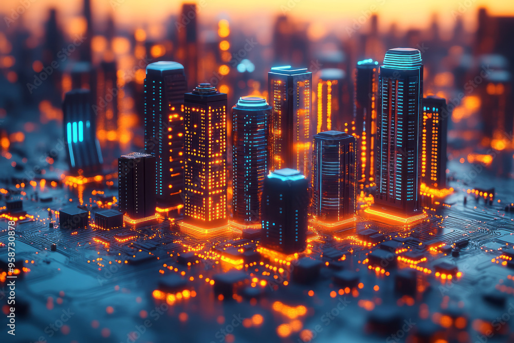 Poster tower-like structures on a 3d circuit board with glowing edges in blue and orange, isolated on a pas
