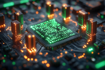 Obraz premium A digital terrain of a circuit board with glowing tower-like nodes in green and blue, connected by thin electric pathways, set against a pastel gray background,