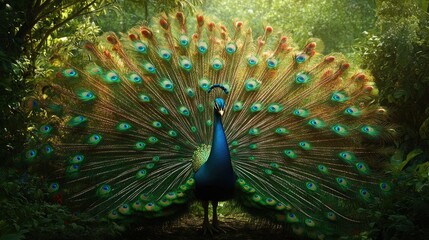 Obraz premium Elegant peacock with fanned-out feathers, posed gracefully against a realistic backdrop of lush greenery