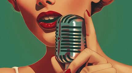 A woman's hand holding an old microphone, with her mouth open and singing. The background is green and simple. Karaoke in retro style, vintage poster