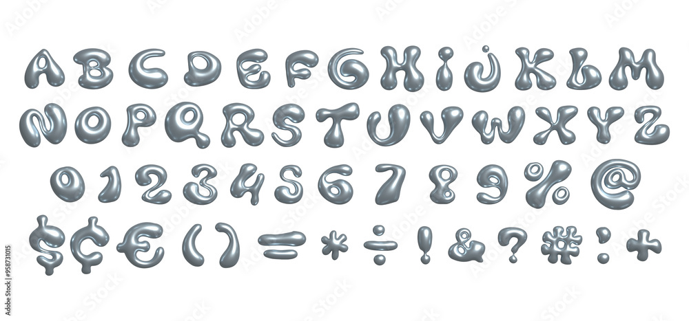Aufkleber 3d shiny chrome bubble font in y2k style. realistic liquid letters and numbers of the english alphab