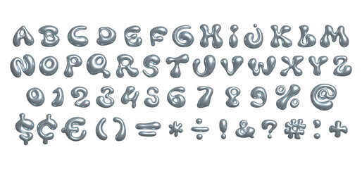 3d Shiny chrome bubble font in Y2K style. Realistic liquid letters and numbers of the English alphabet. Raster render illustration