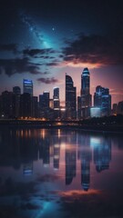 Night skyline illuminated by blue lights over the water.