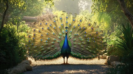 Obraz premium Elegant peacock with stunningly vibrant feathers, posed gracefully against a realistic backdrop of a serene garden