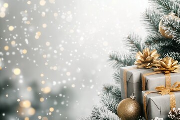 Christmas Presents Under a Snowy Pine Tree with Gold Ornaments
