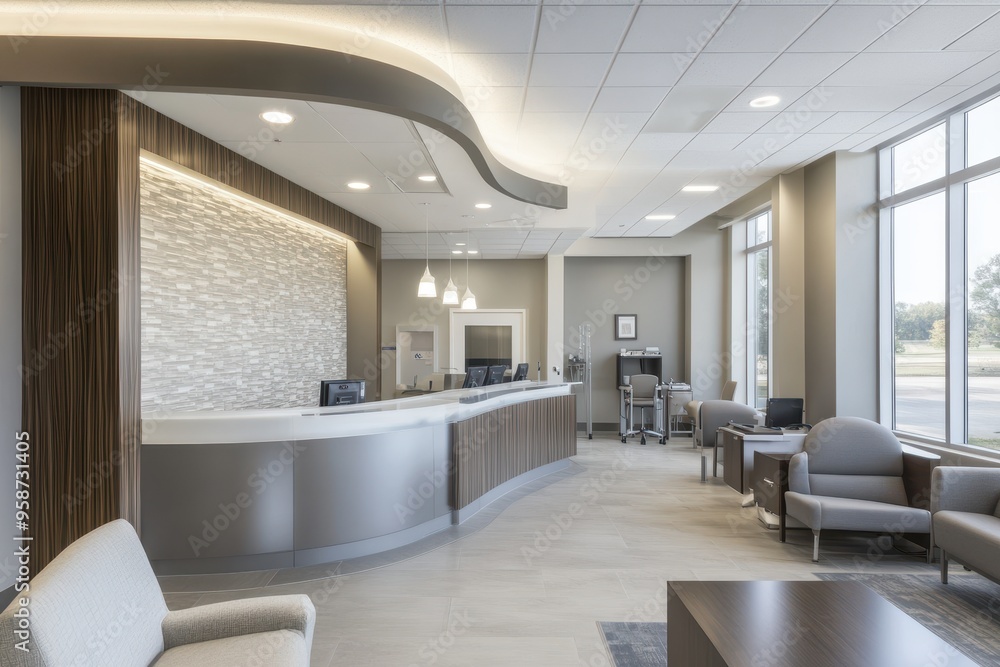 Poster modern reception area with a curved counter and comfortable seating.