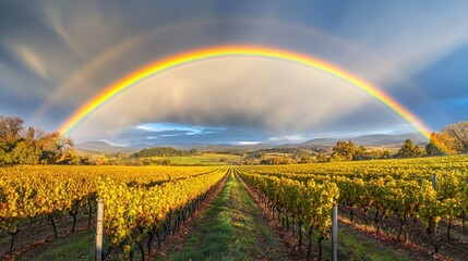 A rainbow forming a stunning backdrop to a serene vineyard with rows of grapevines and a clear, sunny sky