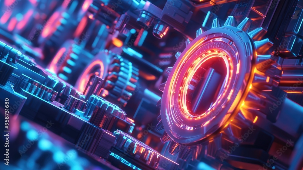 Poster glowing neon gears turning smoothly in a high-capacity system, set against a dynamic and futuristic 
