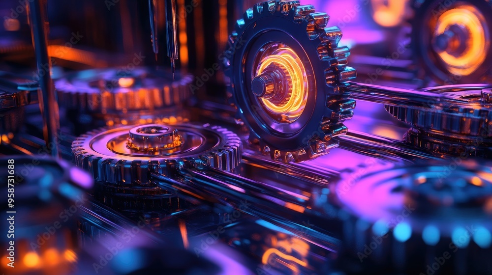 Poster glowing neon gears turning smoothly in a high-capacity system, set against a dynamic and futuristic 