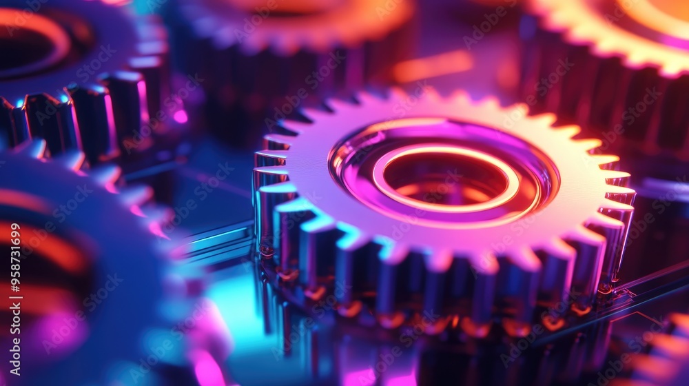 Poster glowing neon gears turning smoothly in a high-capacity system, set against a dynamic and futuristic 