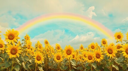 A rainbow framed by a field of sunflowers, with the bright yellow blooms complementing the colorful arc in the sky