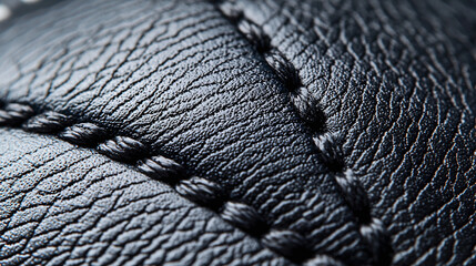 a black rugby ball's stitching and texture, extreme close-up