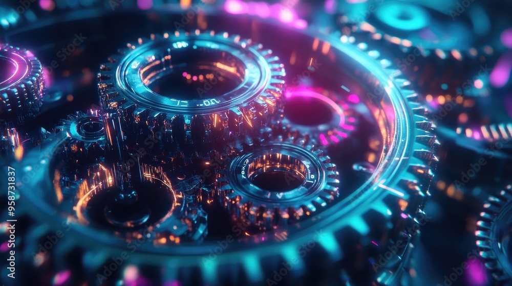 Poster high-capacity gears glowing with neon lights, turning in sync against a dynamic futuristic backgroun