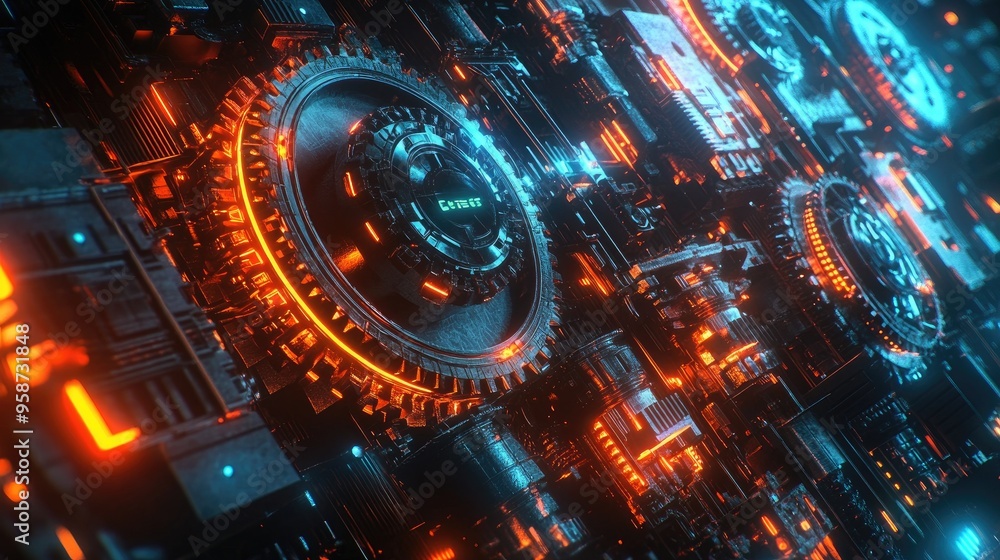 Poster high-capacity gears glowing with neon lights, turning in sync against a dynamic futuristic backgroun