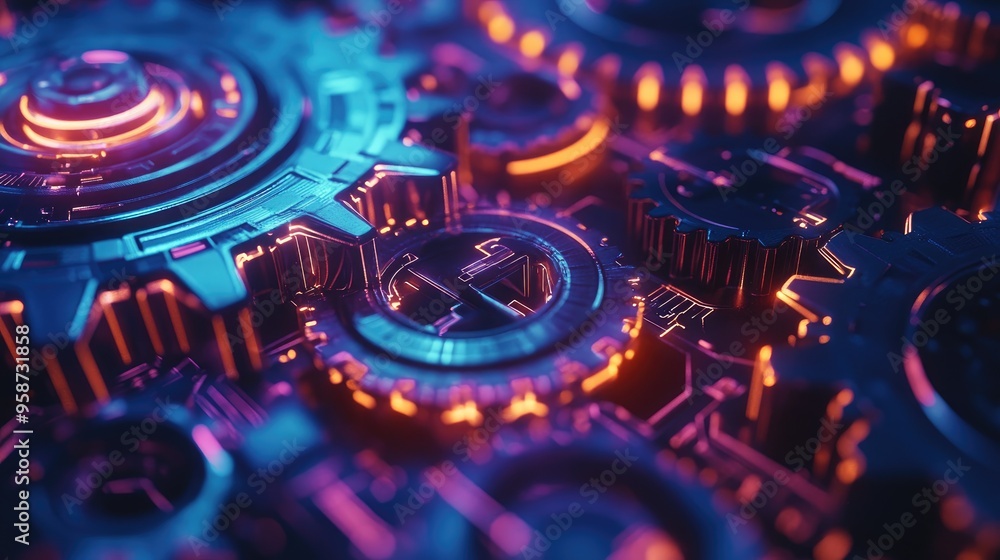 Poster high-capacity gears glowing with neon lights, turning in sync against a dynamic futuristic backgroun