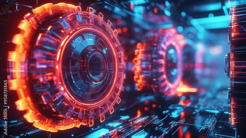 Poster high-capacity gears glowing with neon lights, turning in sync against a dynamic futuristic backgroun