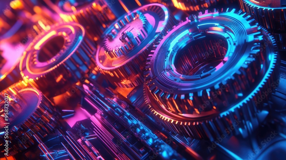 Poster high-capacity gears with vibrant neon lights, turning in sync against a dynamic futuristic backdrop,