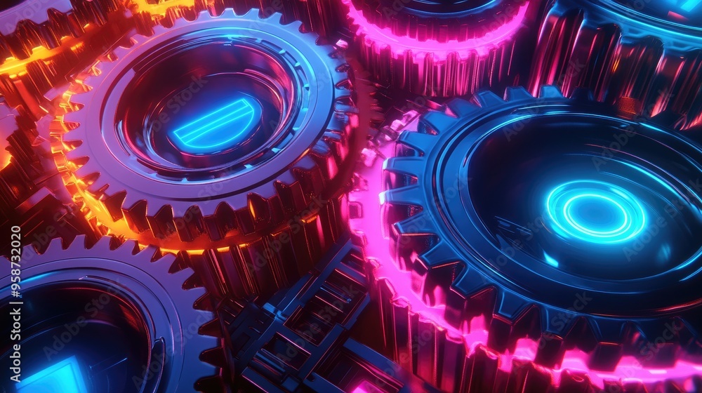 Poster high-capacity gears with vibrant neon lights, turning in sync against a dynamic futuristic backdrop,