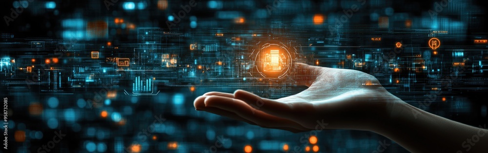 Poster a hand holds glowing digital icons representing advanced technology and ai concepts