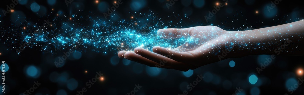 Poster a hand displays luminous digital icons representing advanced artificial intelligence concepts