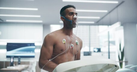 Athlete Wearing Oxygen Mask for Cardiopulmonary Exercise Test on Treadmill, Monitored by Physician in Medical Lab, Assessing Heart Rate and Respiratory Function for Sport Training and Health Research. - Powered by Adobe