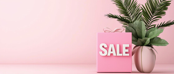 Pink gift box with 'SALE' text and potted plant against pastel pink background. Minimalist advertising concept for seasonal promotions.