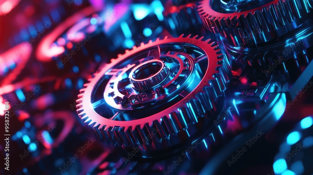 Poster neon gears in a high-capacity system, turning with precision against a dynamic futuristic backdrop, 