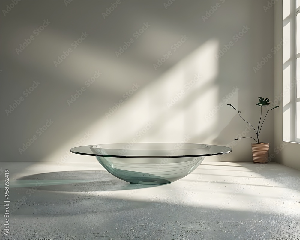 Aufkleber sleek glass table in minimalist setting with natural sunlight for tech display or product showcase