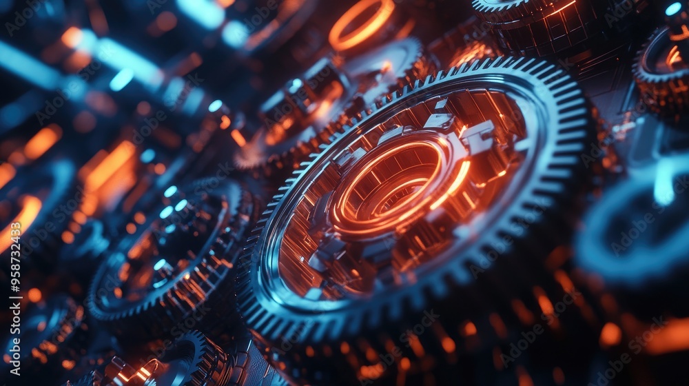 Poster neon gears in a high-capacity system, turning with precision against a dynamic futuristic backdrop, 