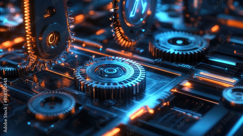 Poster neon gears in a high-capacity system, turning with precision against a dynamic futuristic backdrop, 