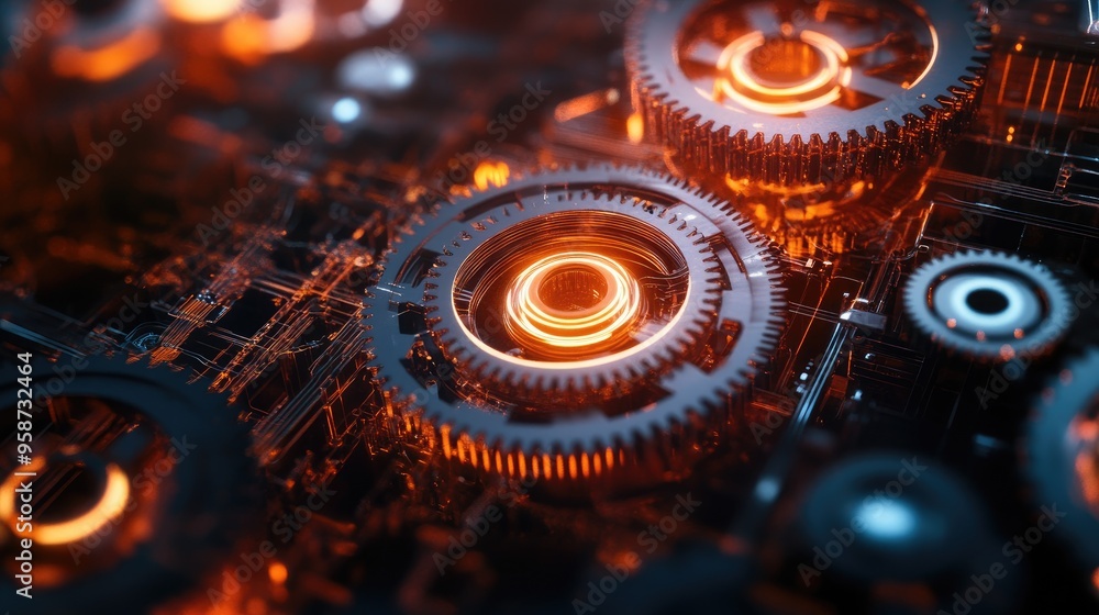 Poster neon-lit gears in motion, symbolizing high capacity, set against a dynamic futuristic background, cr