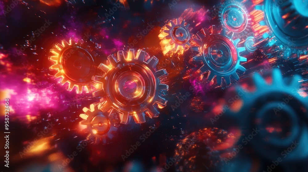 Poster neon gears in motion, symbolizing high capacity and efficiency, with a dynamic futuristic backdrop f