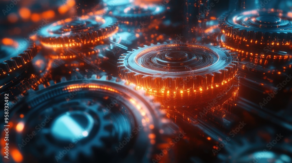 Poster neon-lit gears in motion, symbolizing high capacity, set against a dynamic futuristic background, cr