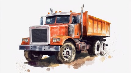 Illustration of a large, red semi-truck pulling a cargo trailer, rendered in a vibrant and expressive style. The truck is shown in a three-quarter view, with splatter effects in the background, giving