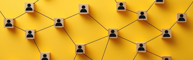 Wooden blocks with people icons are linked by lines, representing business relationships on yellow