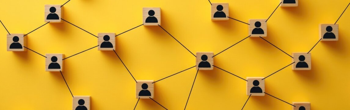 Wooden blocks with people icons are linked by lines, representing business relationships on yellow