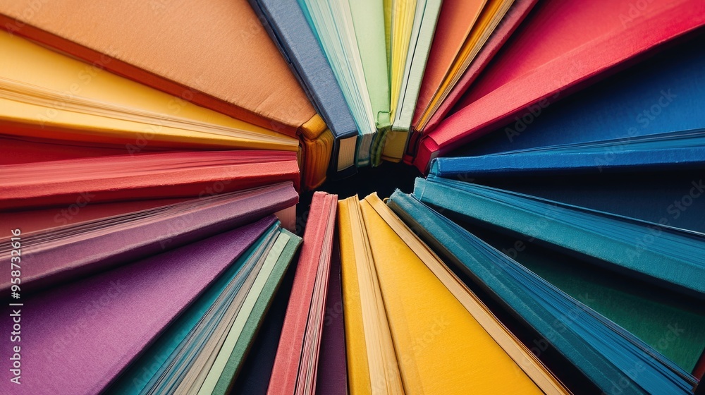 Poster a set of multicolored notebooks arranged in a circle, creating a colorful and engaging visual effect