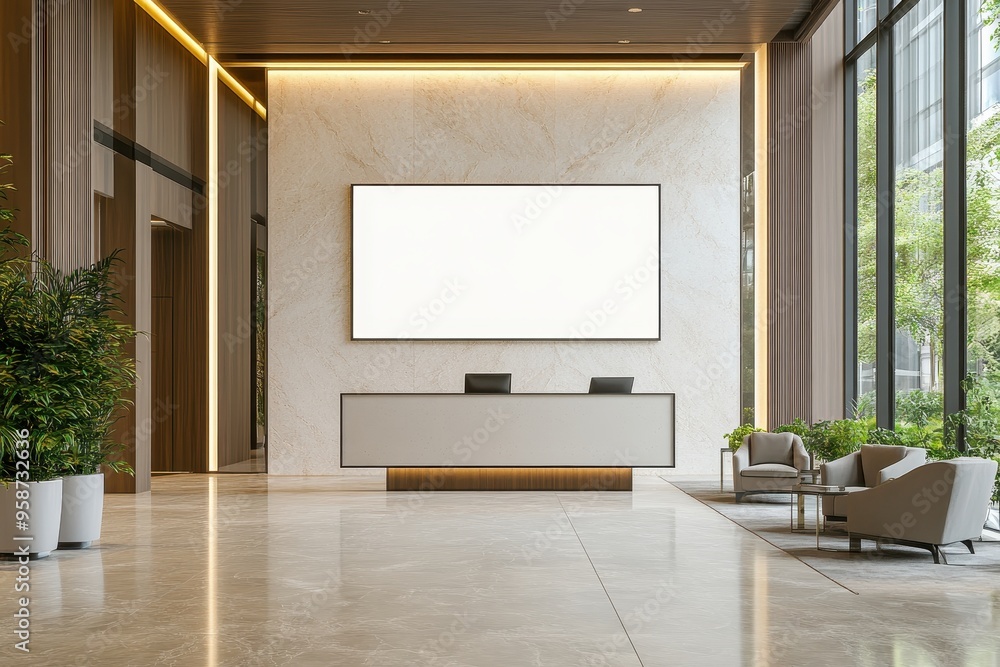 Poster modern reception area with minimalist design and large empty screen.