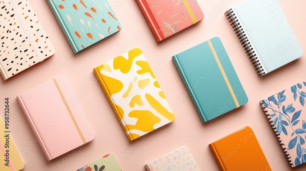 Poster a set of multicolored notebooks with different sizes and designs, arranged in a visually pleasing pa