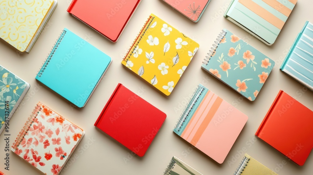 Poster a set of multicolored notebooks with different sizes and designs, arranged in a visually pleasing pa