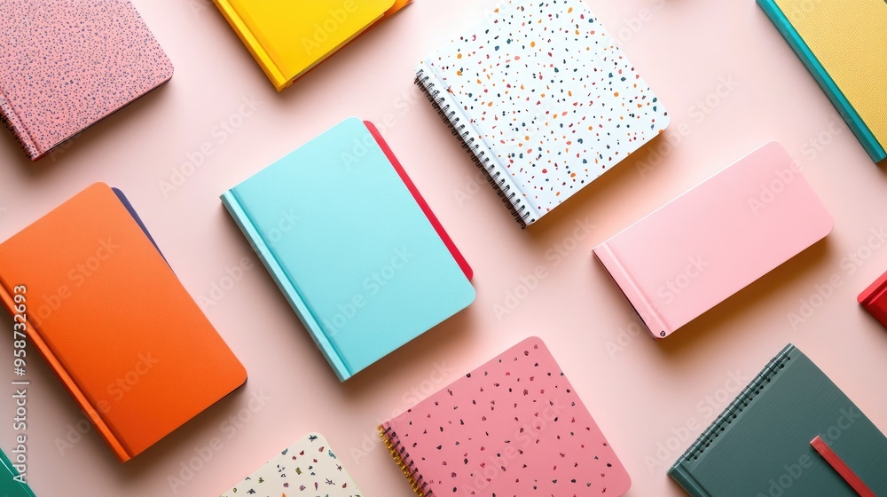 Poster a set of multicolored notebooks with different sizes and designs, arranged in a visually pleasing pa
