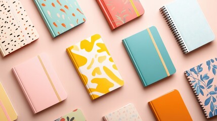 A set of multicolored notebooks with different sizes and designs, arranged in a visually pleasing pattern on a neutral-colored background.