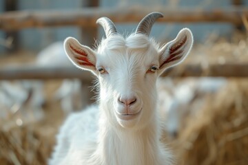 Fototapeta premium A closeup of a smiling white goat with horns, captured in a barn setting, with a blurred background.