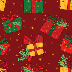 Seamless pattern with gift boxes. Christmas background. Ink sketch vector illustration, hand drawn