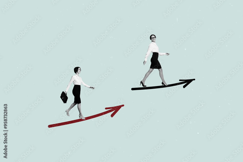 Poster template image collage of business people go on arrows rise up over grey color background