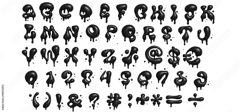 Fototapete alphabet in y2k style with plastic effect. black bubble isolated 3d realistic letters on white backg