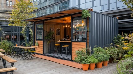 A shipping container repurposed as a small pop-up shop or cafe, with plants and outdoor seating.
