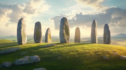 Standing stones arranged on a grassy hilltop, with a realistic background of expansive countryside and a bright sky