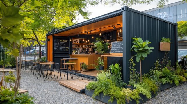 A shipping container repurposed as a small pop-up shop or cafe, with plants and outdoor seating.